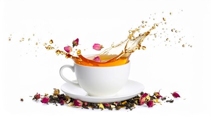 A splash of tea in a white cup, surrounded by loose tea leaves and rose petals.