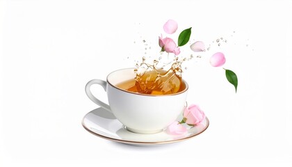 A white teacup filled with tea, adorned with pink rose petals and splashing liquid, creating a vibrant and refreshing image.