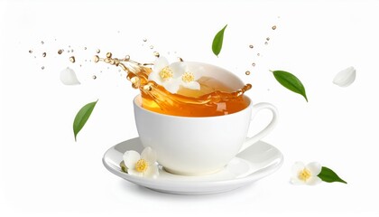 A white teacup with tea splashing outwards, accompanied by leaves and flowers.