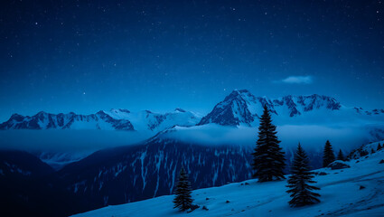 Mountain Majesty – Snowy peaks under a starry night