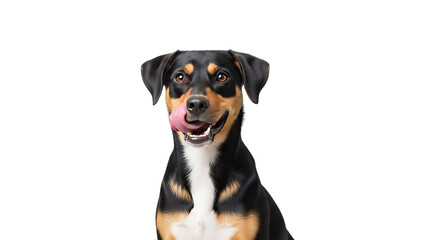 Cute mixed breed dog licking its nose with tongue out isolated on transparent background