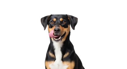 Cute mixed breed dog licking its nose with tongue out isolated on transparent background