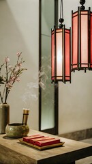 Serene oriental composition featuring incense sticks, blossoms, and red lanterns for a tranquil and meditative ambiance.