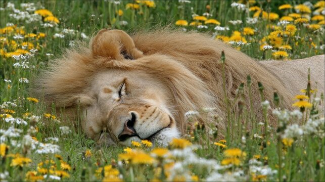 Lion sleeping in a meadow