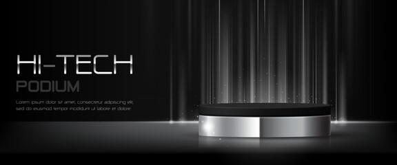 3D futuristic metallic silver podium on black background. Showcase smartphone, mobile phone, tablet, headphone and smart technology product in digital ads, brand sale or store promotion