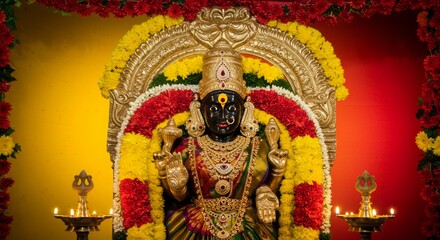 Obraz premium Temple idol of Goddess Gowri with lamp lights, floral backdrop