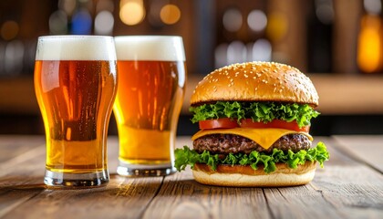 Delicious cheeseburger with a golden bun, accompanied by frothy amber beers on a rustic wooden table.