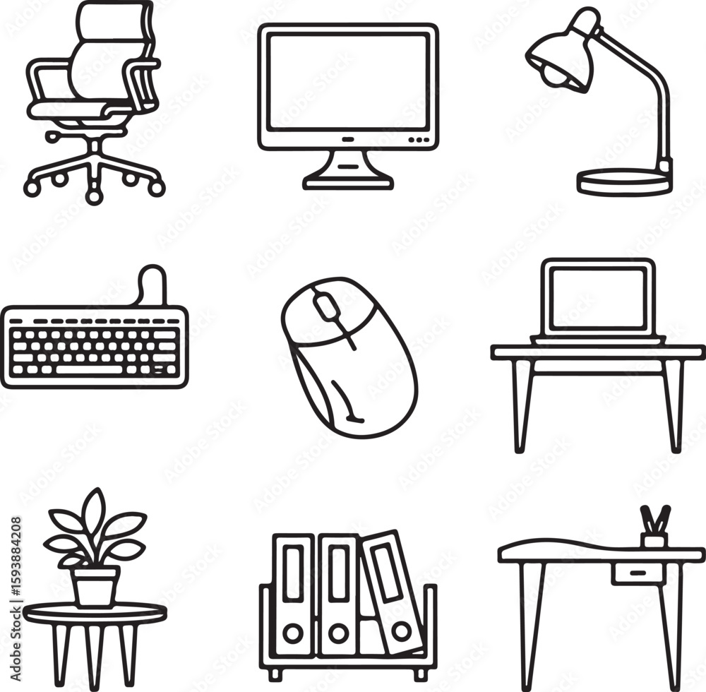 Poster office desk chair computer monitor desk lamp keyboard computer mouse laptop plant in pot file folder