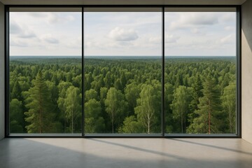 Fototapeta premium Serene Forest View Through Modern Glass Window in Minimalist Room