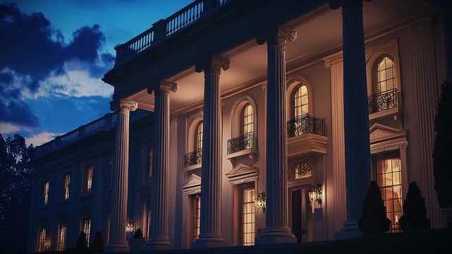 Grand neoclassical mansion at twilight, illuminated windows, columns, and balustrades - Powered by Adobe