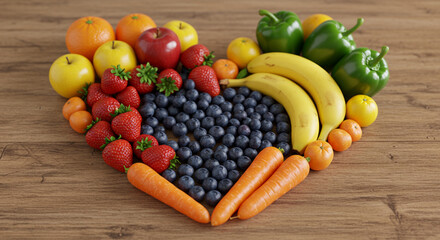 Colorful fruits and vegetables arranged in a heart shape on a wooden surface, representing healthy eating.