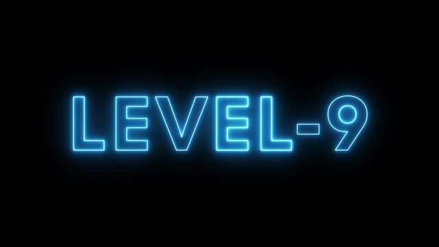 Neon level -9 animation. Level 9 neon text. Neon level up sign.
