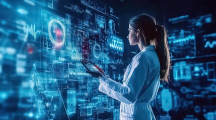 Woman in lab coat using tablet with blue holographic interface displaying data and graphs in a dark room