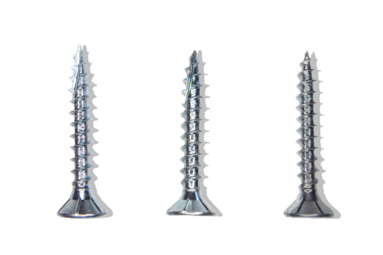 screws, three silver screws on transparent background.
