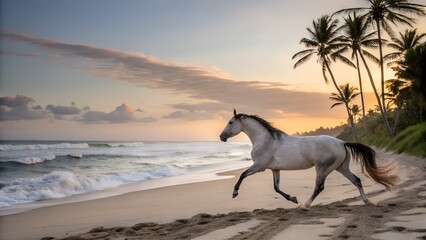 Fototapeta premium Paso Fino Horse Gaiting on Tropical Beach at Sunset