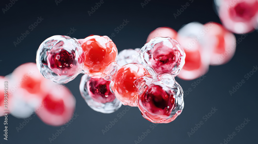 Poster molecular structure with red and transparent spheres representing atoms, showcasing dynamic arrangem