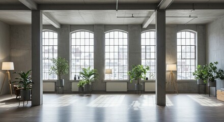 Fototapeta premium Bright and Spacious Modern Loft with Abundant Natural Light and Plants