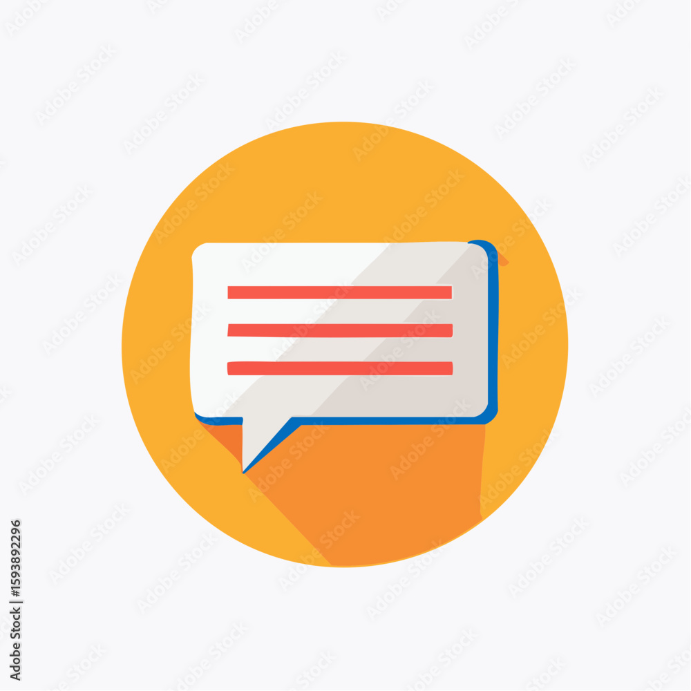 Fototapete a simple, flat-design speech bubble icon with text lines, displayed on a circular orange background.