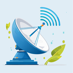 A cartoon illustration of a satellite dish transmitting data with green leaves.