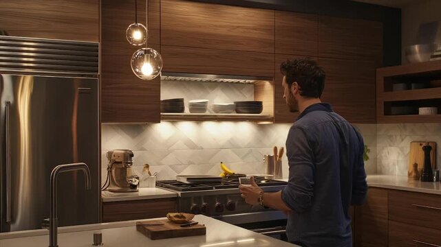 Modern kitchen with warm lighting, man preparing drink