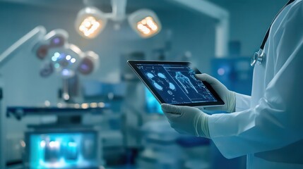 Doctor holding tablet displaying human body scans in a modern operating room setting with surgical lights