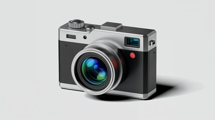 A silver and black digital camera with a large lens sits on a white surface, casting a shadow.