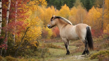 Norwegian Fjord Horse in Autumn Forest Clearing