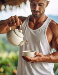 マッチョなボディビルダーの男性がリラックスした表情でティーカップに紅茶を注いでいるティータイム