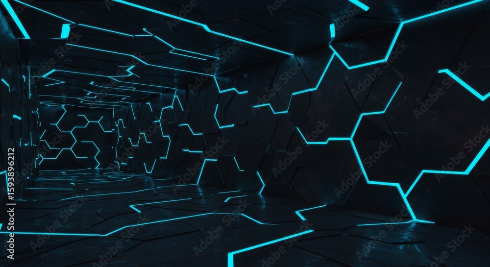 Poster futuristic neon corridor with hexagonal walls and glowing lines