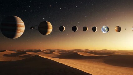 Pixelated Planets of The Solar System with Stars in Dark Sky Displayed Above A Sandy Dune Landscape Under Warm Lighting Conditions - Powered by Adobe