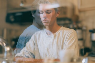 A ghostly vision of the past overlays a person's present moment. This image symbolizes flashbacks, intrusive memories, and how trauma can disrupt daily life. Ideal for PTSD