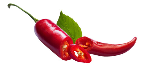 'red chili pepper with slices and leaf on black'