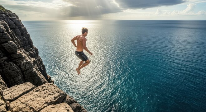 Man jumps off cliff into the ocean on a sunny day adventure