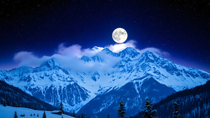 Mountain Majesty – Snowy peaks under a starry night