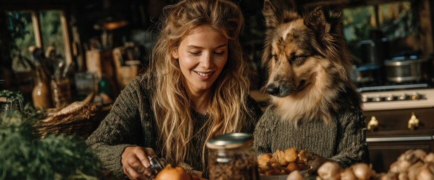 Woman prepares dog food in rustic kitchen