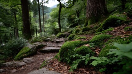 Obraz premium Mossy stone path descends into lush green forest