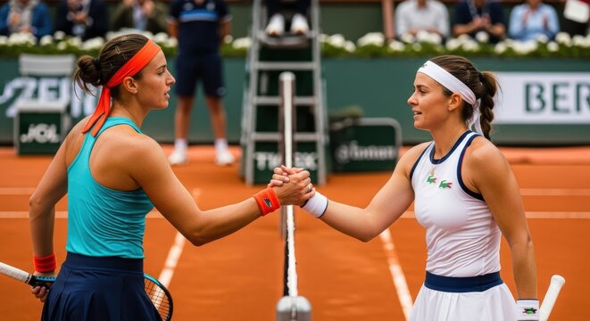 Two Female Tennis Players Shake Hands After A Match On A Clay Court