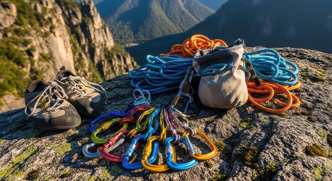 Essential Climbing Gear for Ascending Rugged Mountain Peaks on a Sunny Day