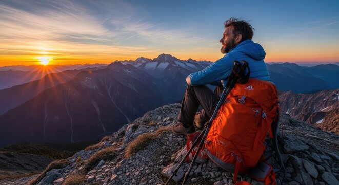 Man sitting on mountain peak watching sunrise with backpack