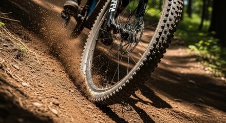 Cyclist riding a mountain bike on a dirt trail kicking up dust