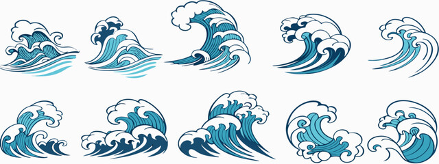 Minimalist Blue Ocean Waves Vector Set for Sea-Themed Designs and Projects