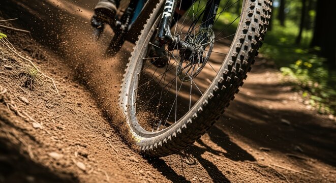 Cyclist riding a mountain bike on a dirt trail kicking up dust