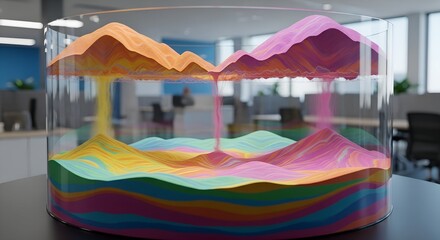 Relaxing generative sand art display in a modern office, featuring vibrant flowing sand creating mesmerizing layered landscapes for a creative wellness break and visual calm.