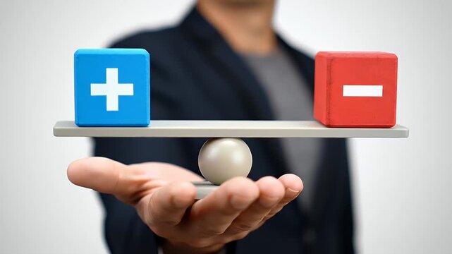 Hand Holding Balance Scale with Plus Minus Symbols Blue and Red Cubes Weighing Pros and Cons on Gray Background