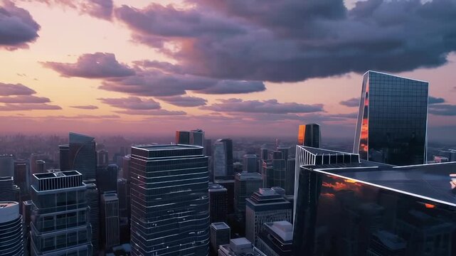 Stunning urban sunset skyline reflection on modern highrise buildings