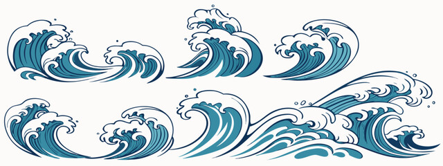 Minimalist Blue Ocean Waves Vector Set for Sea-Themed Designs and Projects