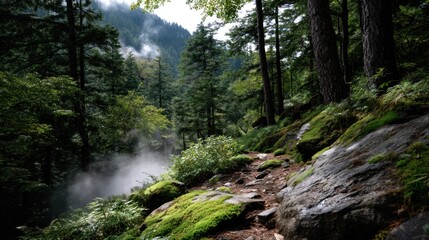 Obraz premium Hiking path winds through lush forest with misty valley