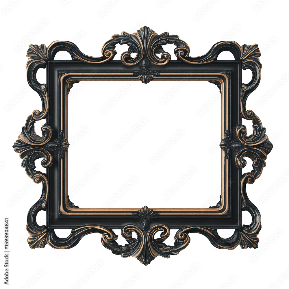 Poster ornate frame: a detailed, antique, rectangular frame with intricate scrollwork and elegant design, p