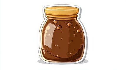 Bold pop art sticker illustration of a hazelnut spread jar, rich brown tones with vibrant accents, comic-style details, isolated on clean white background.