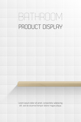 Minimal bathroom interior with white ceramic tiles and floating wood shelf for product mockup or display podium of shampoo, soap, toothpaste, skincare and cleaning supplies. branding showcase